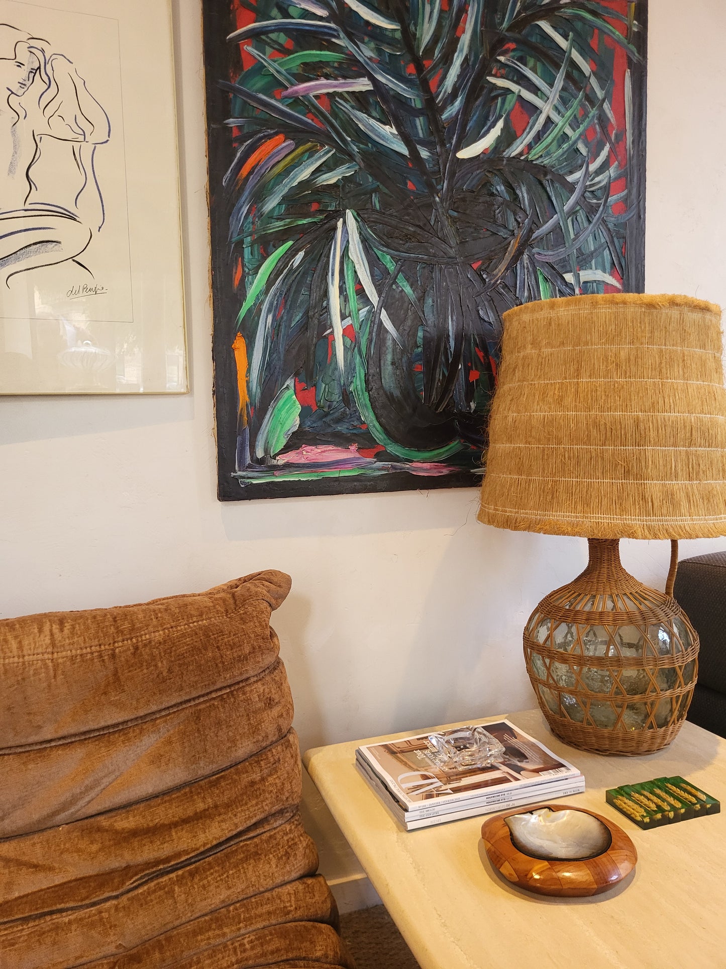 Lampe en verre et osier